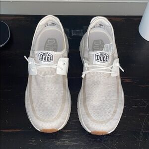 White and Tan Hey Dude Sirroco Slip-On Shoes